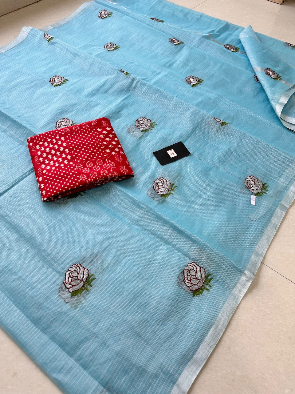 Embroidered Kota Cotton Doria Tissue Saree