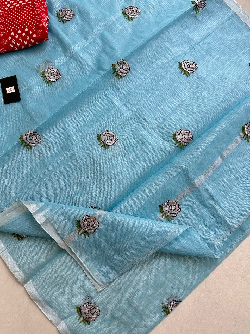 Embroidered Kota Cotton Doria Tissue Saree