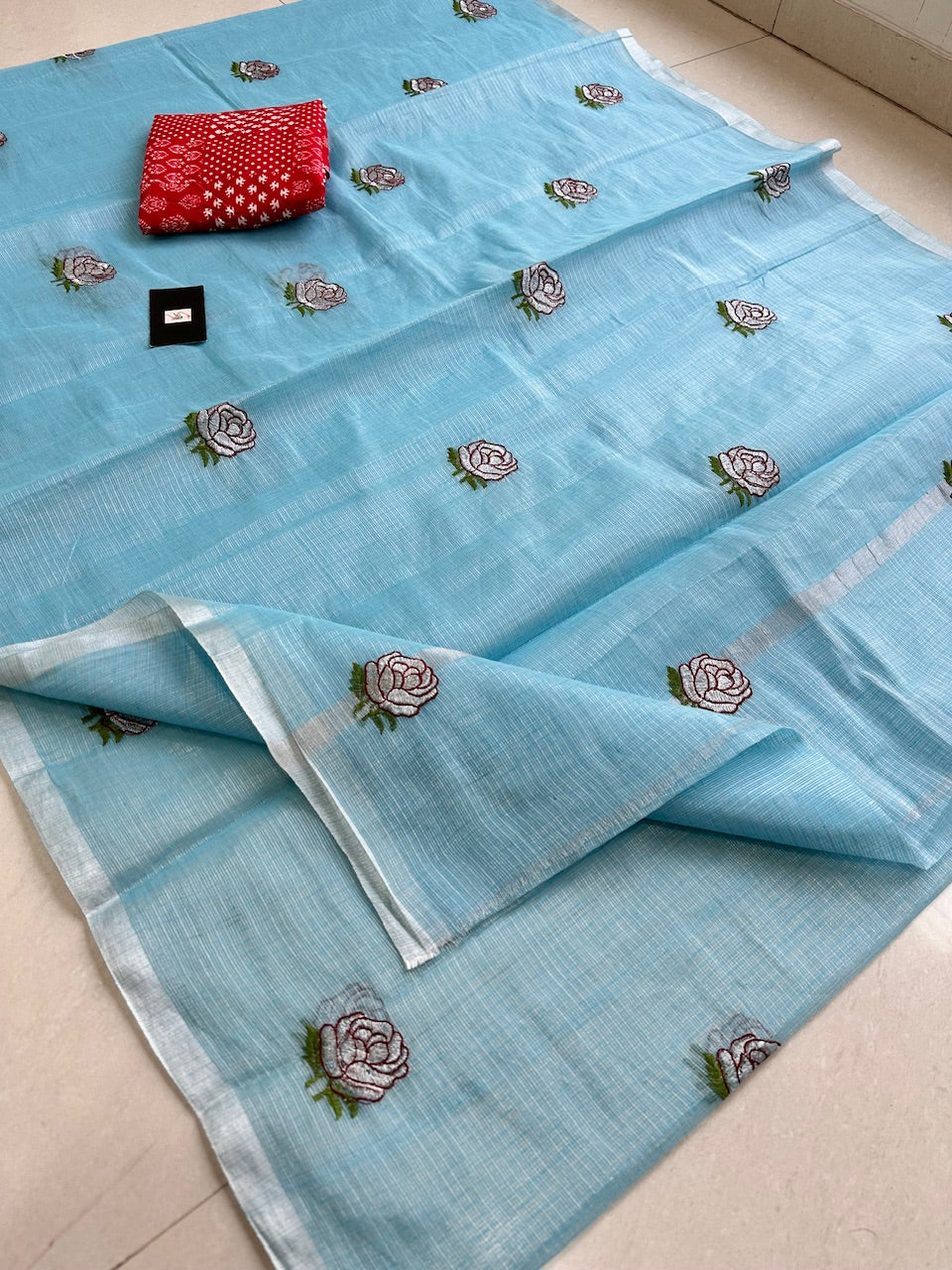 Embroidered Kota Cotton Doria Tissue Saree