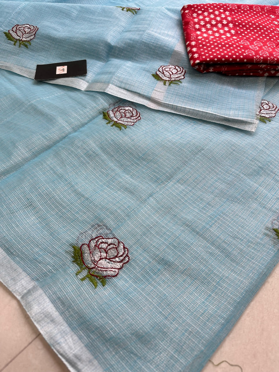 Embroidered Kota Cotton Doria Tissue Saree