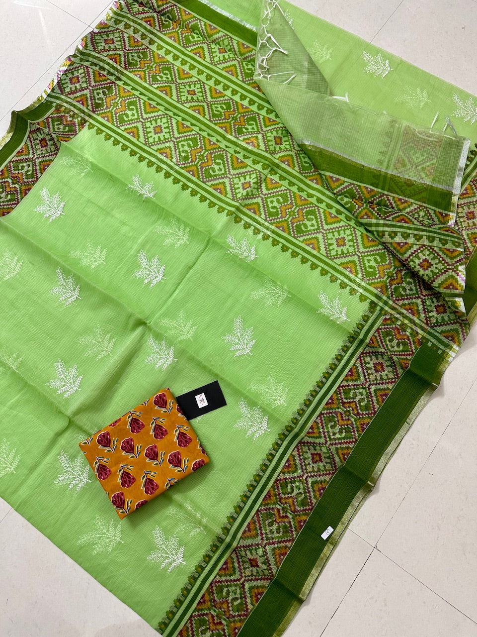 Embroidered HandBlock Printed Kota Cotton Doria Saree