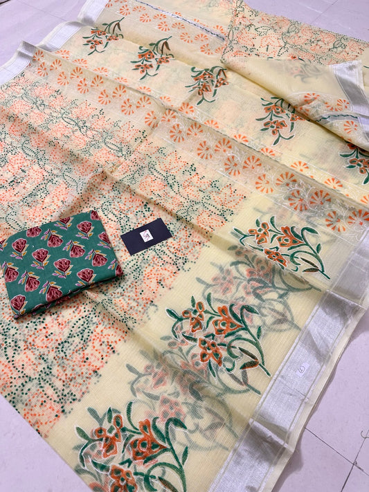 HandBlock Printed Kota Cotton Doria Saree