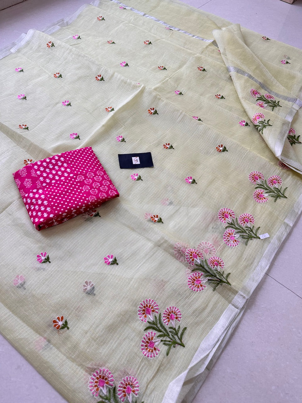 Embroidered Kota Cotton Doria Tissue Saree