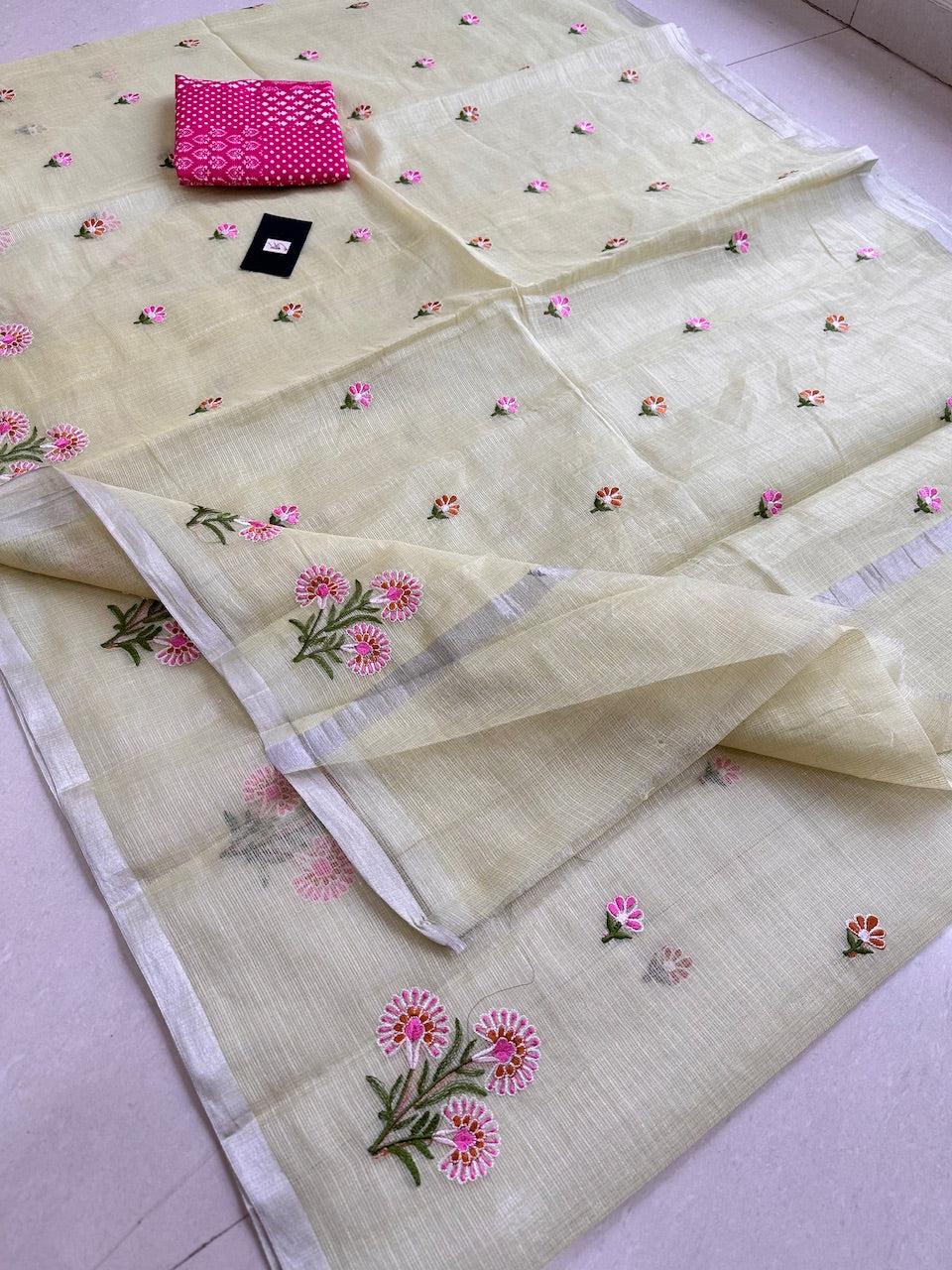 Embroidered Kota Cotton Doria Tissue Saree