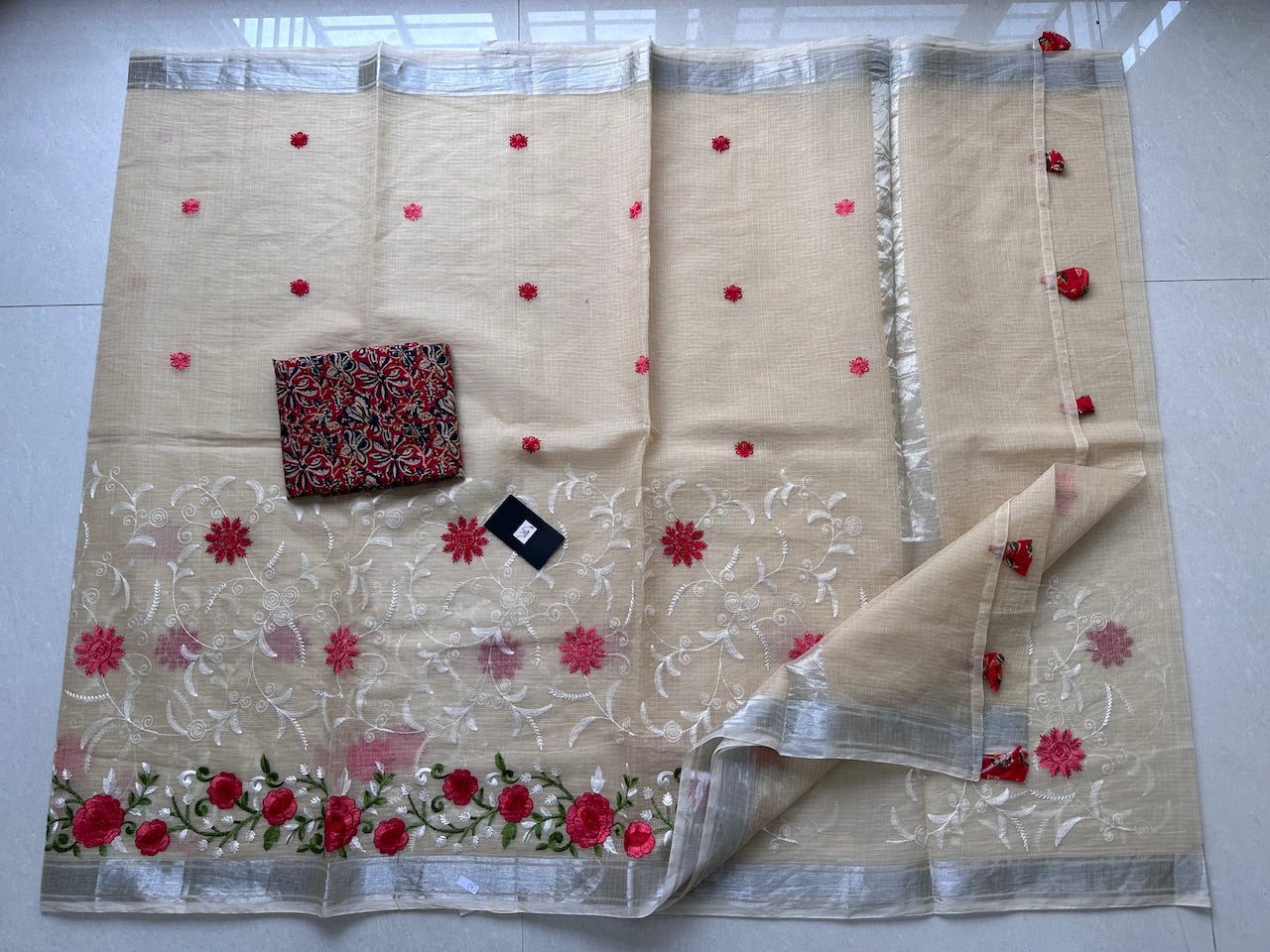 Embroidered Kota Cotton Doria Saree