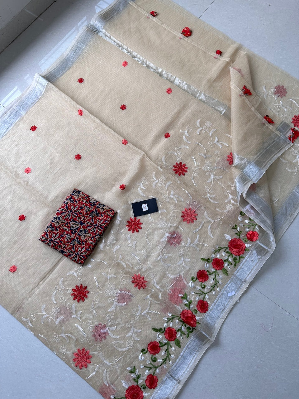 Embroidered Kota Cotton Doria Saree