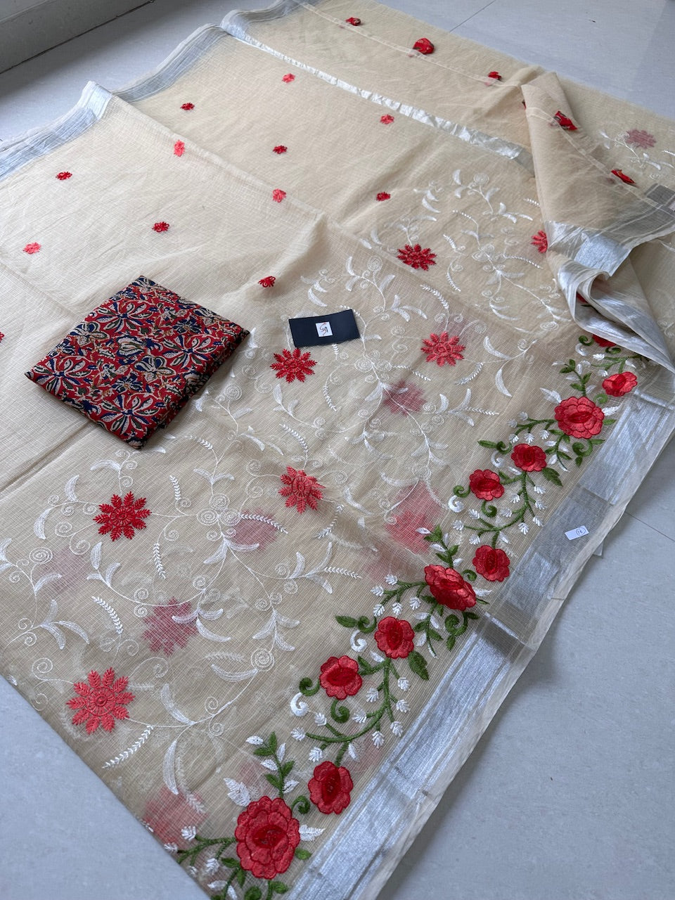 Embroidered Kota Cotton Doria Saree