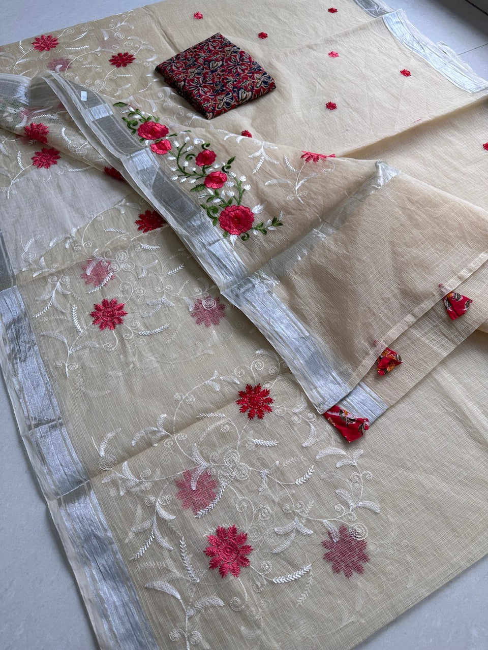 Embroidered Kota Cotton Doria Saree