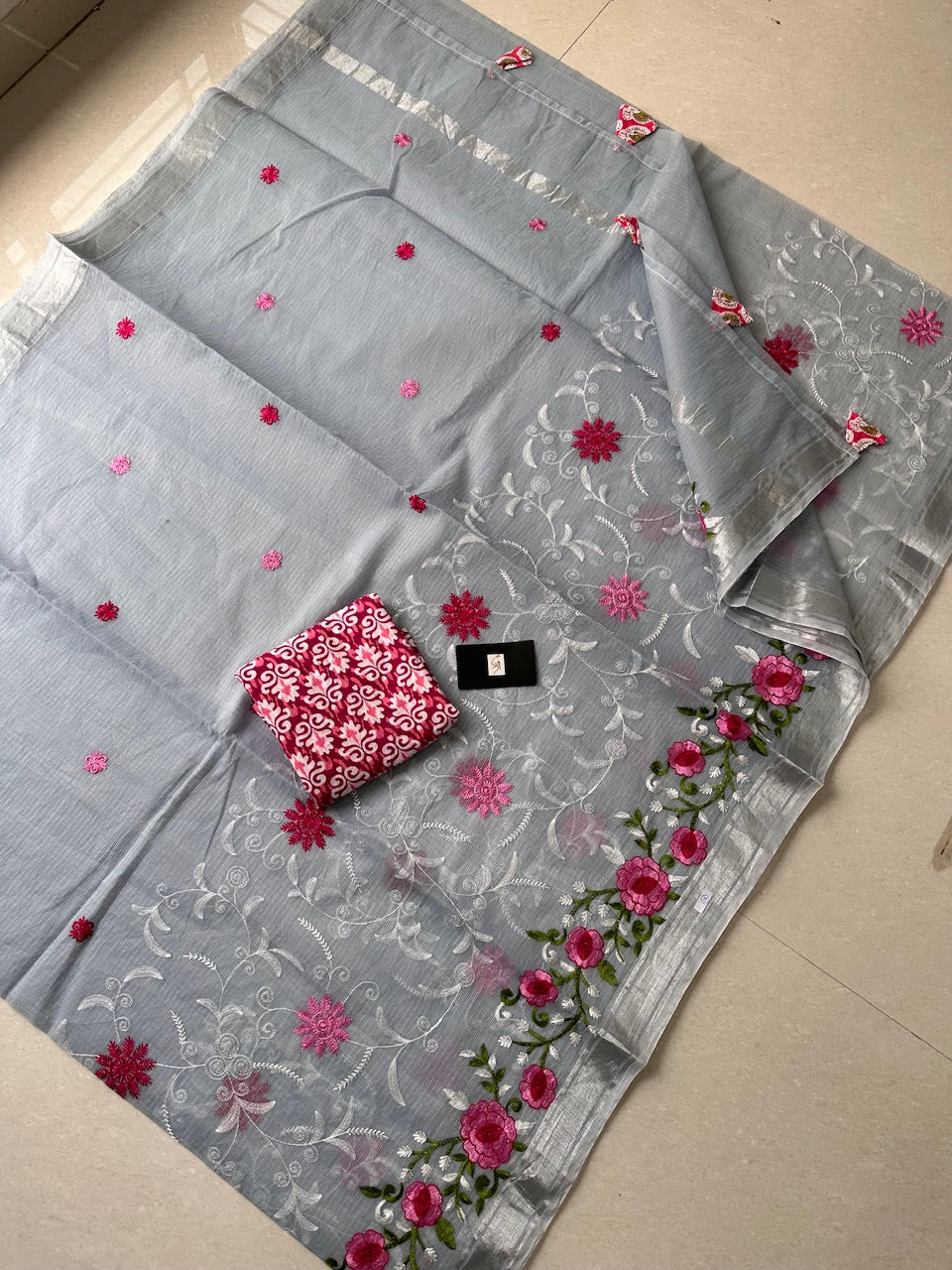 Embroidered Kota Cotton Doria Saree