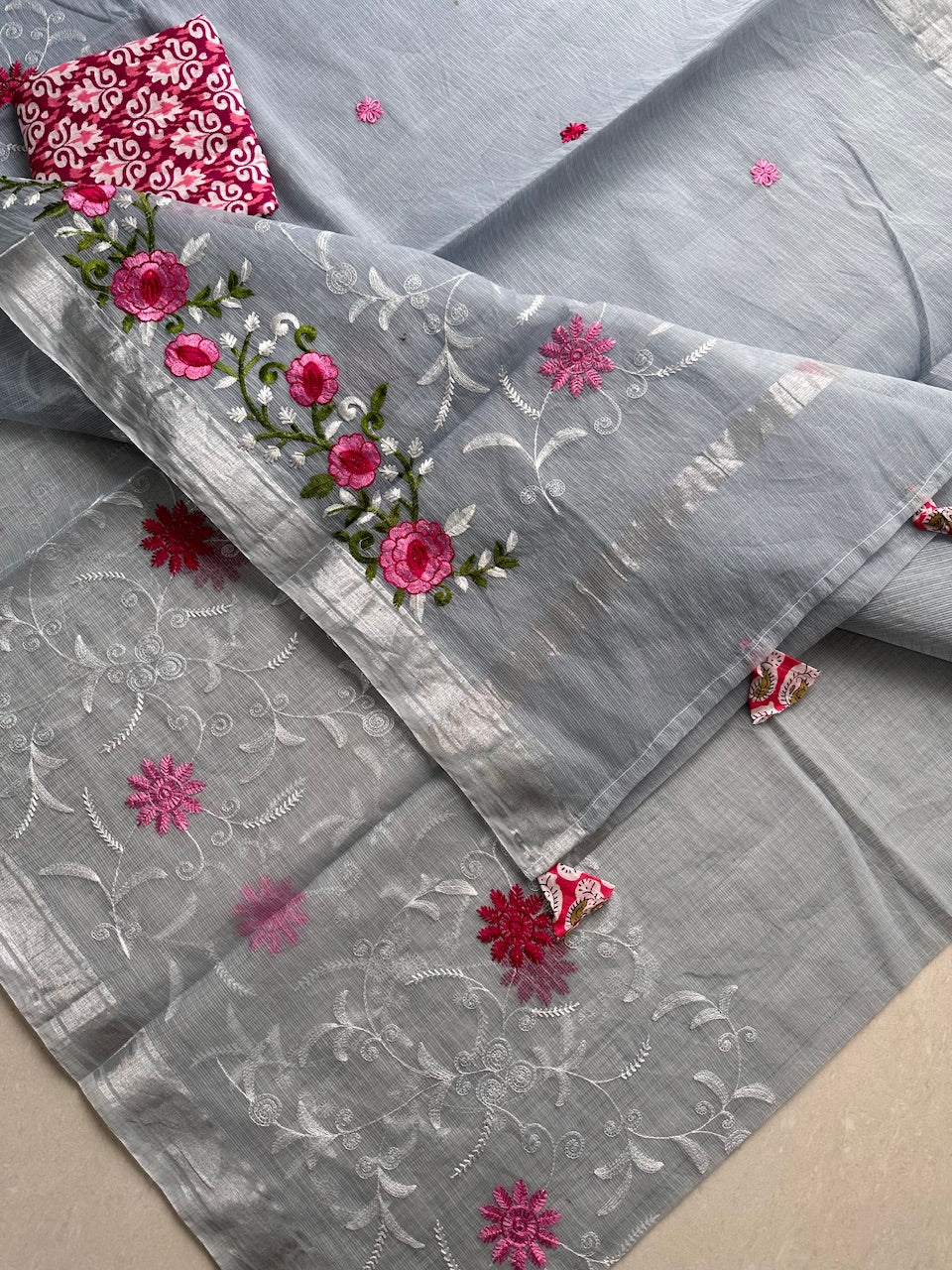 Embroidered Kota Cotton Doria Saree