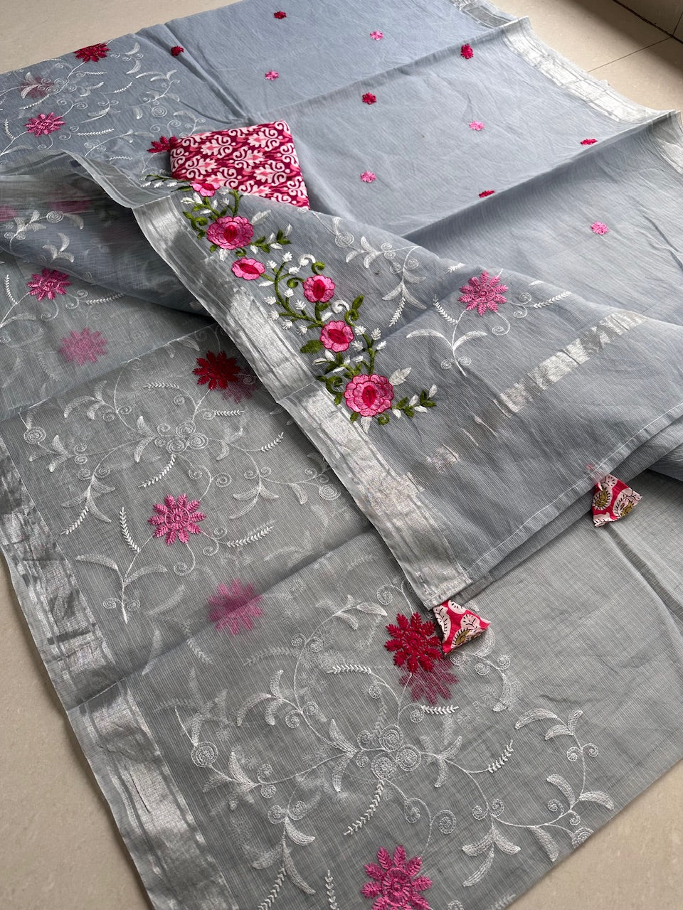 Embroidered Kota Cotton Doria Saree