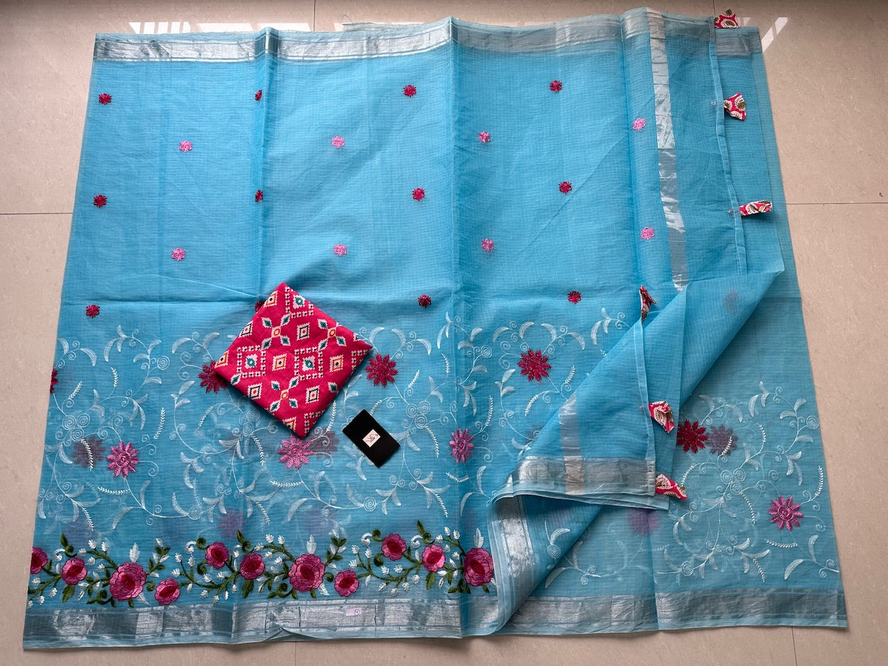 Embroidered Kota Cotton Doria Saree