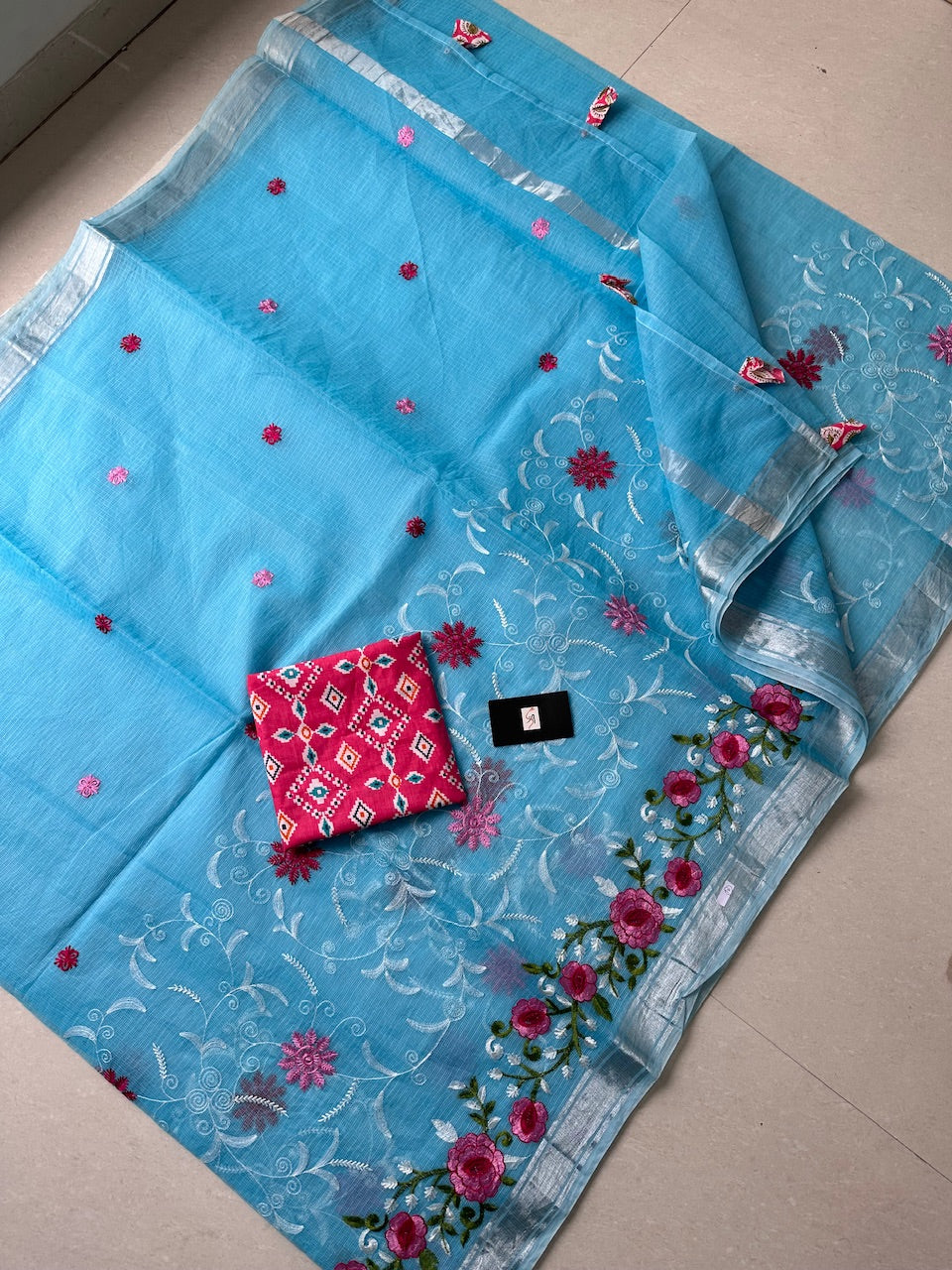 Embroidered Kota Cotton Doria Saree