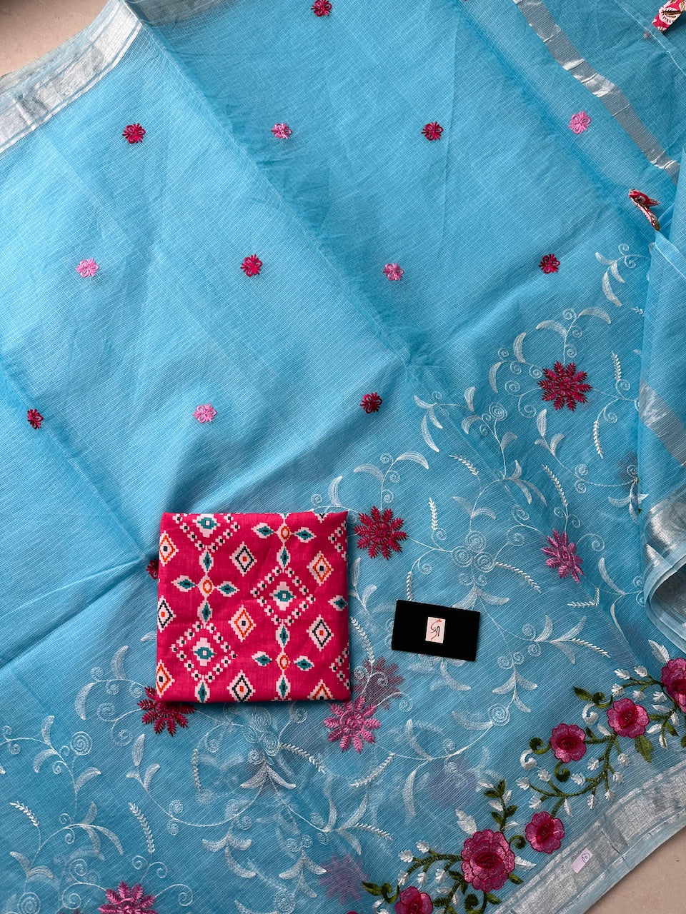 Embroidered Kota Cotton Doria Saree