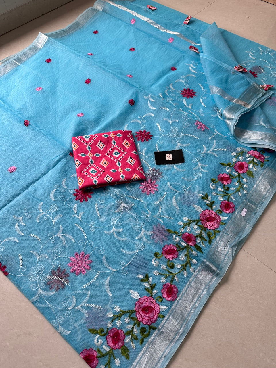 Embroidered Kota Cotton Doria Saree