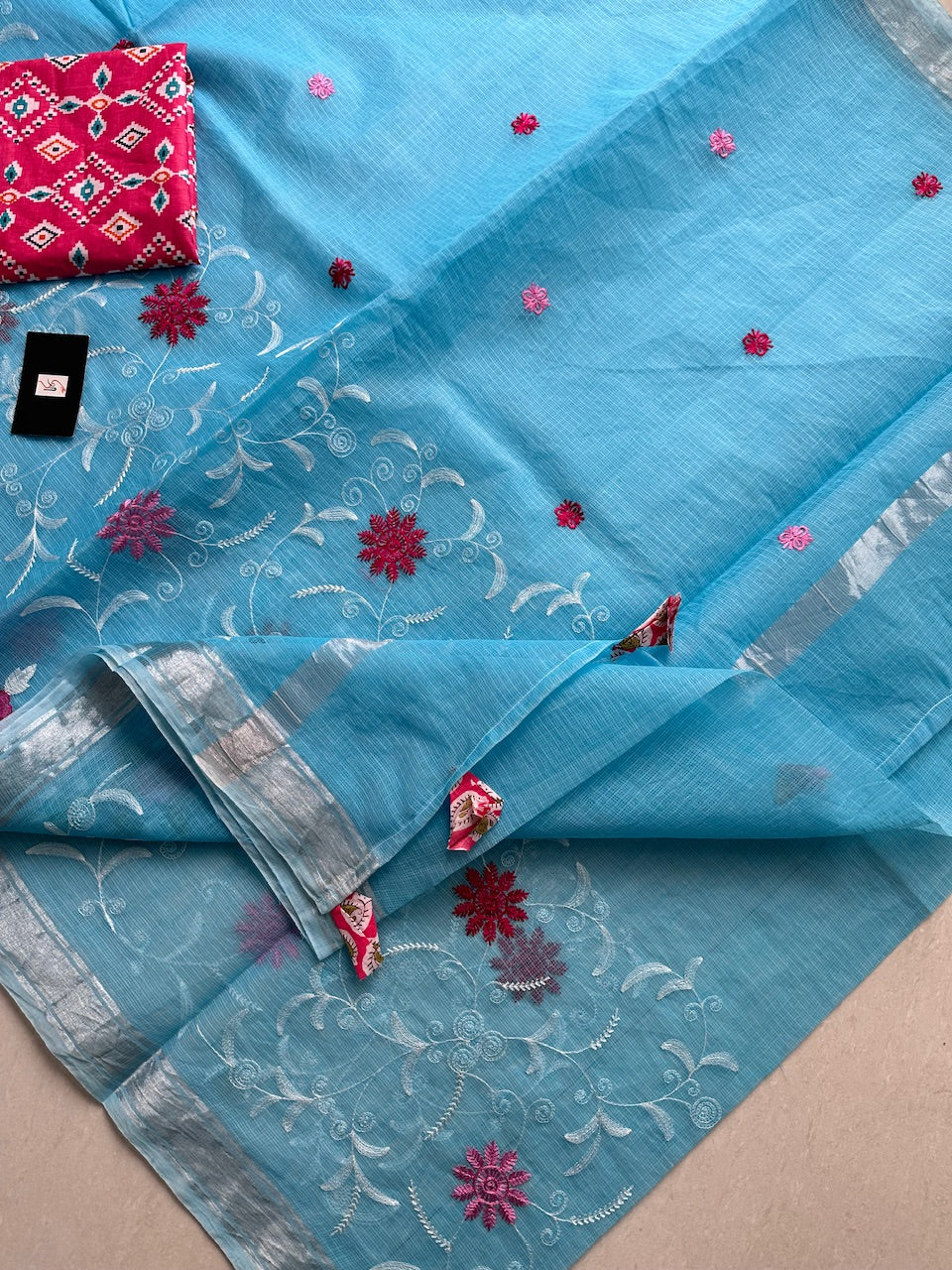 Embroidered Kota Cotton Doria Saree