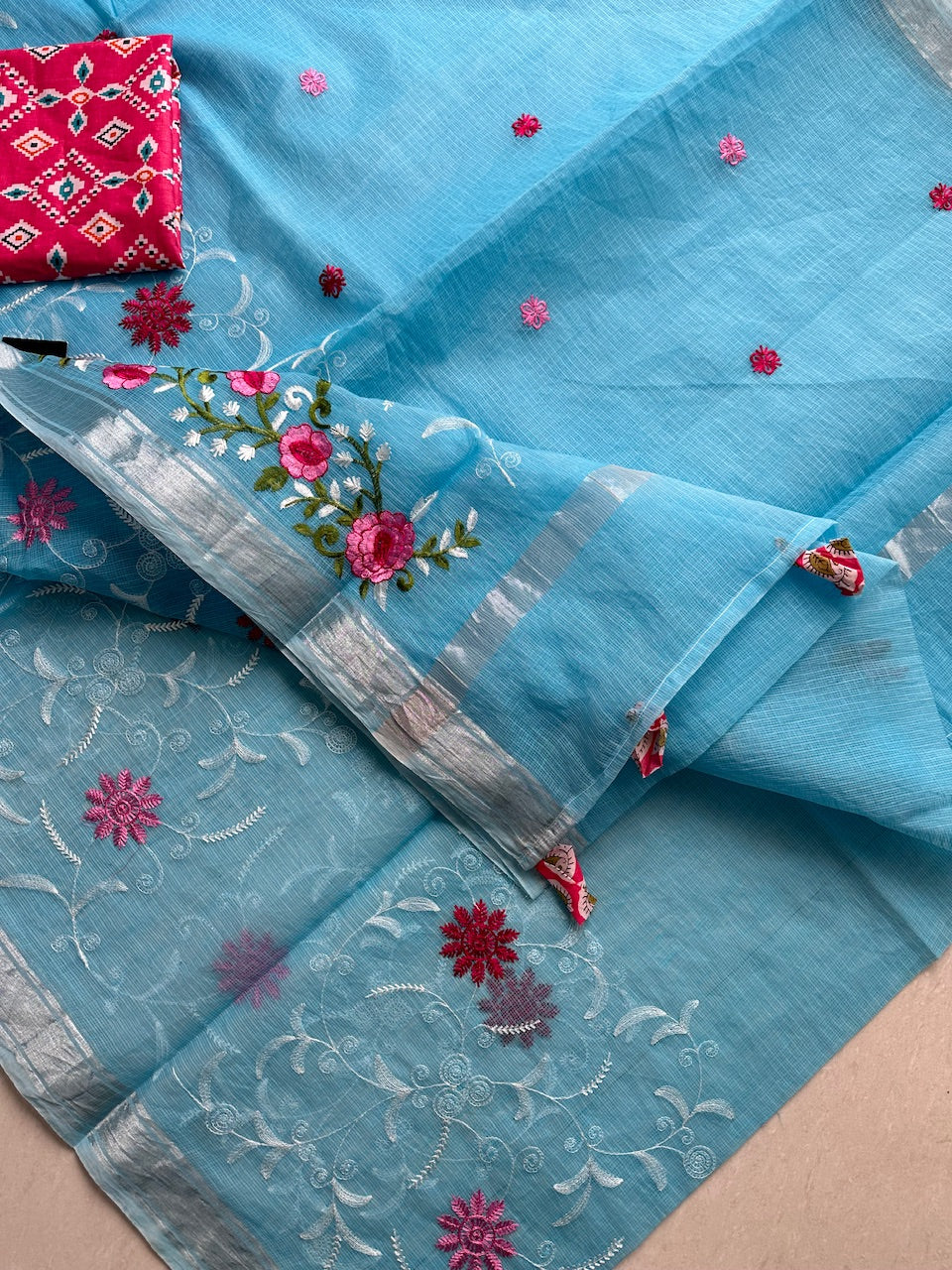 Embroidered Kota Cotton Doria Saree