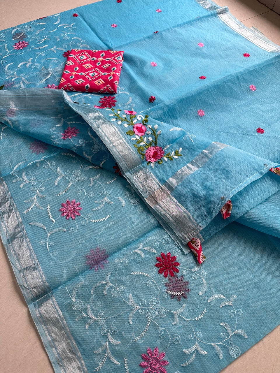 Embroidered Kota Cotton Doria Saree