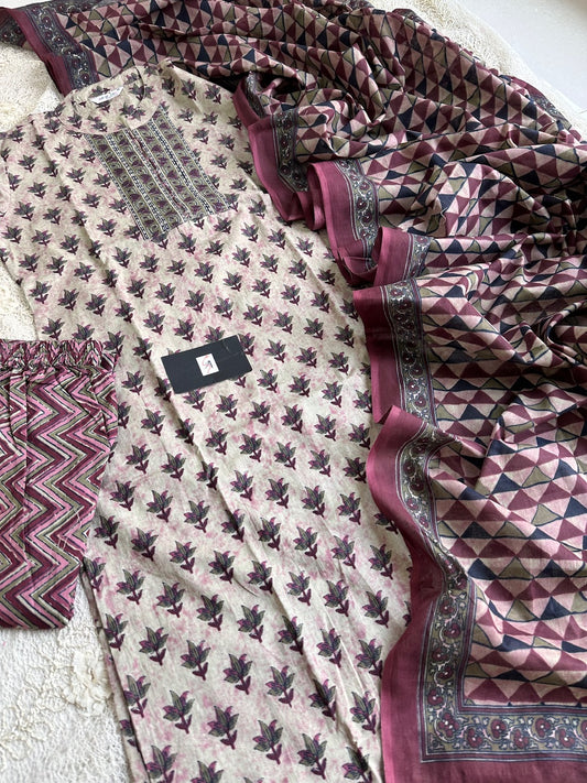 Pure Premium HandBlock Printed Cotton Kurta N Pant With Dupatta