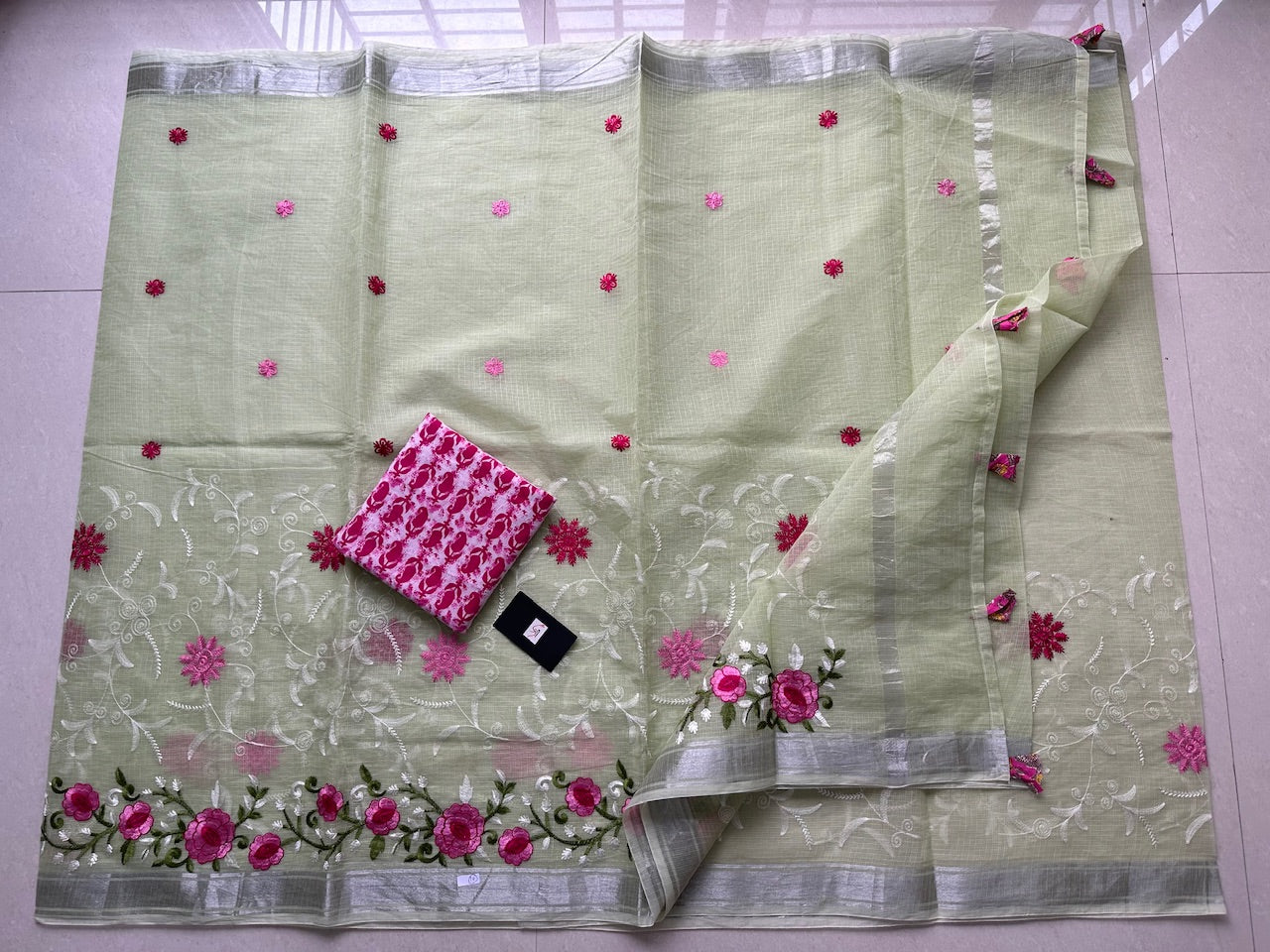 Embroidered Kota Cotton Doria Saree