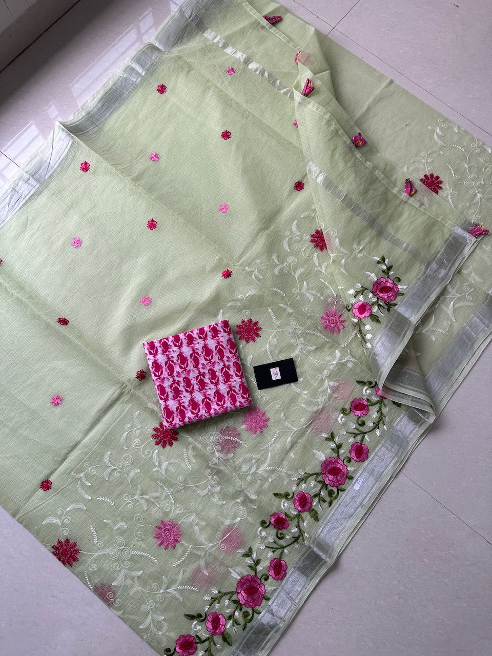 Embroidered Kota Cotton Doria Saree