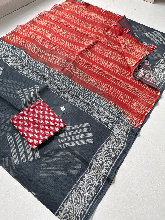 Pure HandBlock Printed Kota Cotton Doria Saree