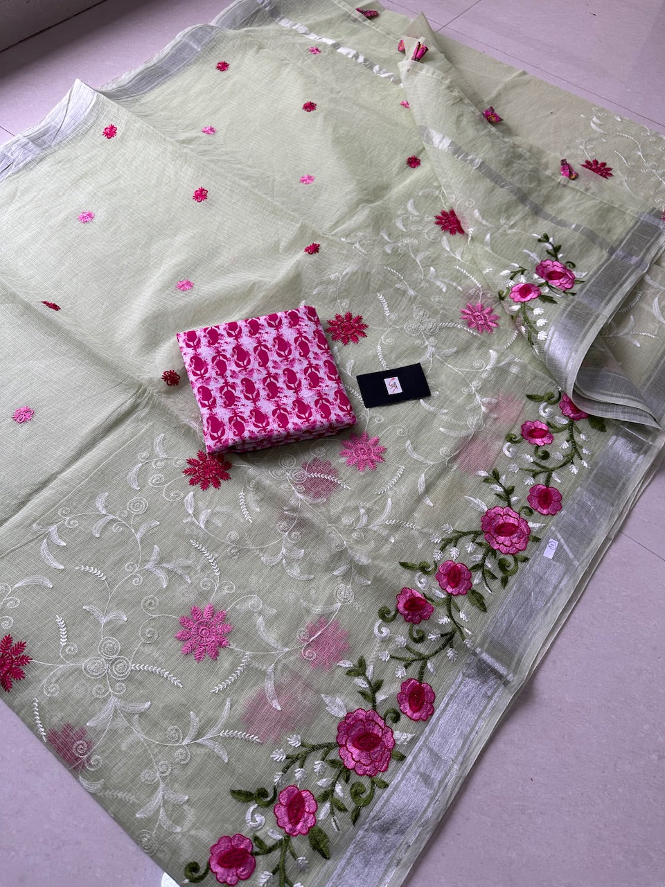 Embroidered Kota Cotton Doria Saree