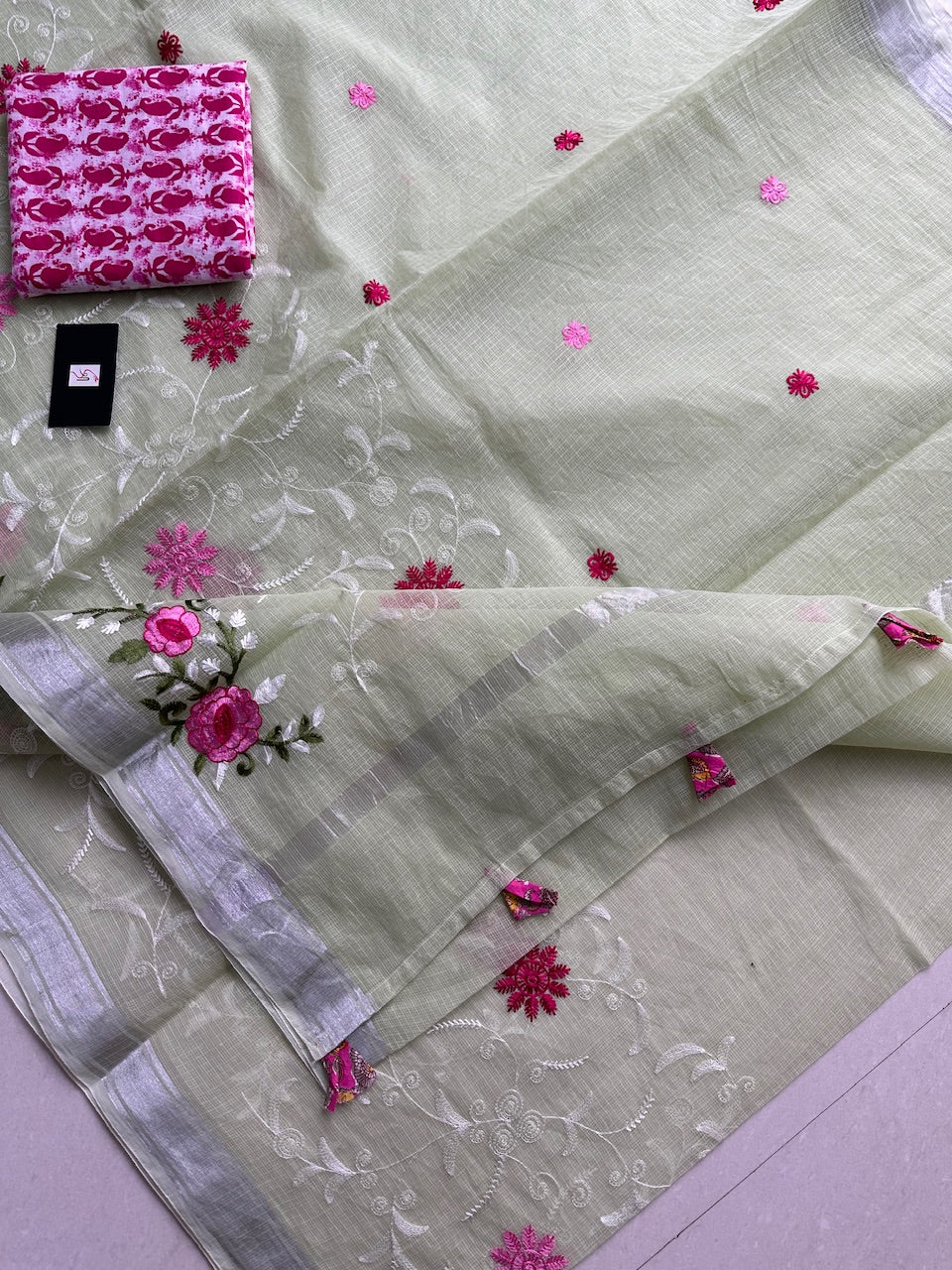 Embroidered Kota Cotton Doria Saree