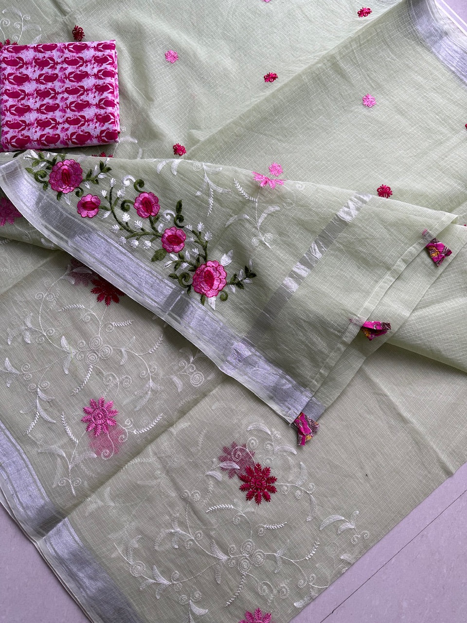 Embroidered Kota Cotton Doria Saree