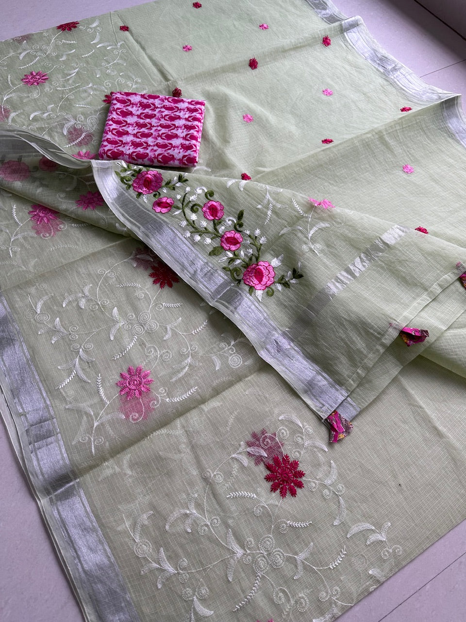 Embroidered Kota Cotton Doria Saree