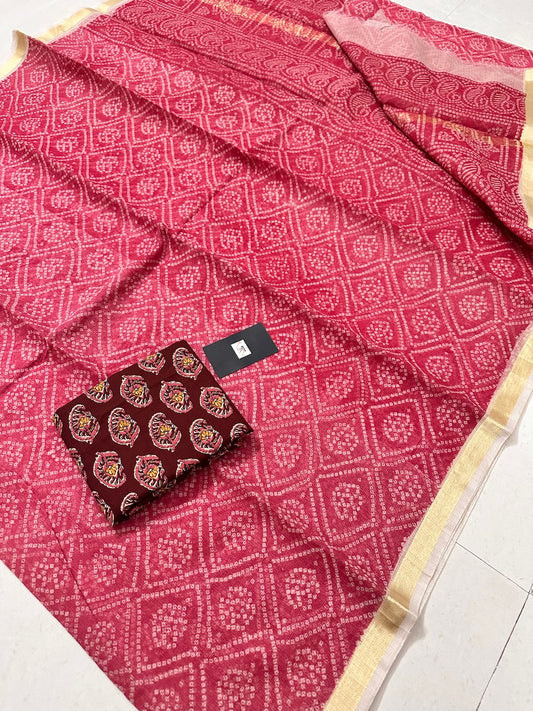 HandBlock Bandhini Printed Kota Cotton Doria Saree