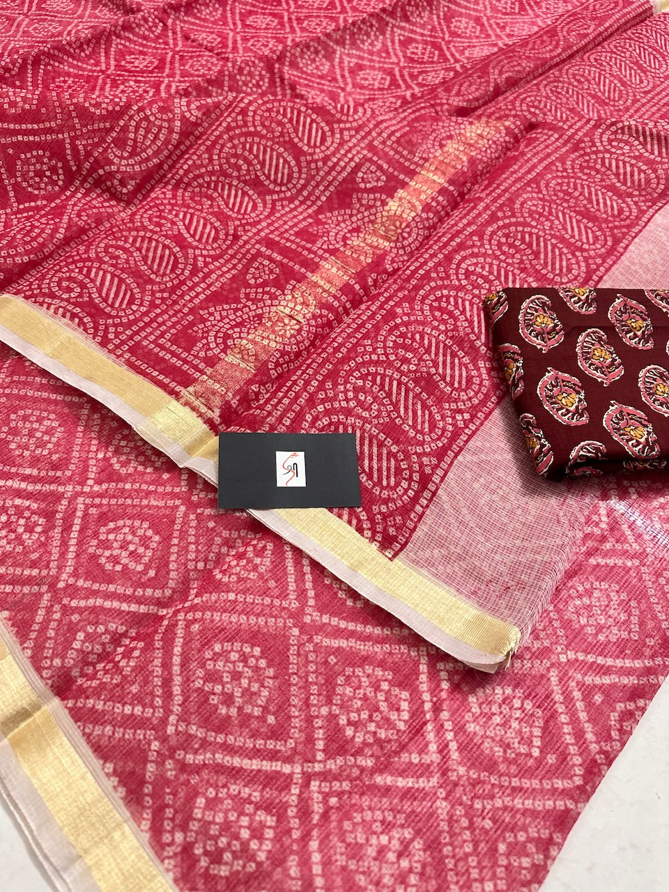 HandBlock Bandhini Printed Kota Cotton Doria Saree