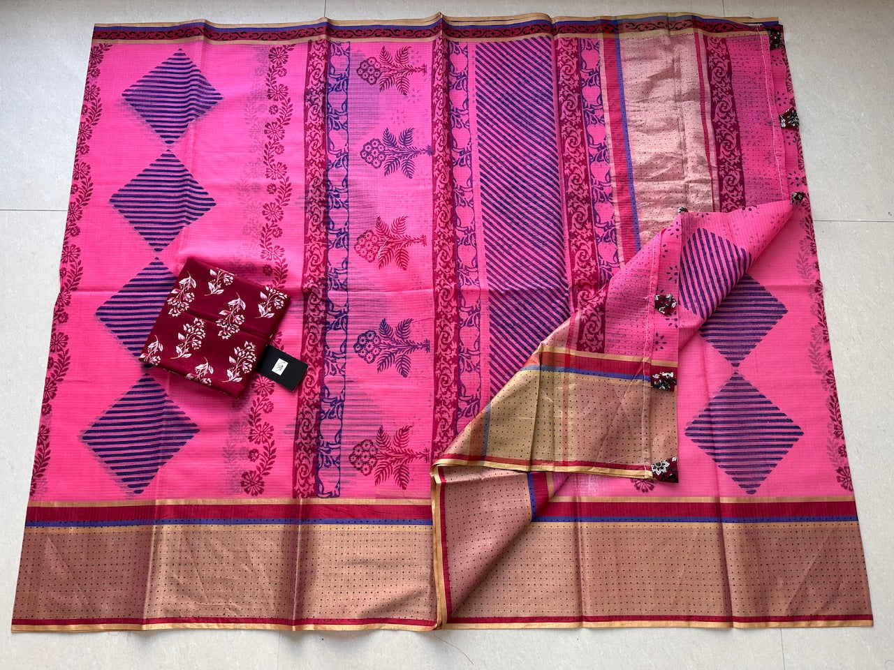 Pure HandBlock Printed Kota Cotton Doria Saree