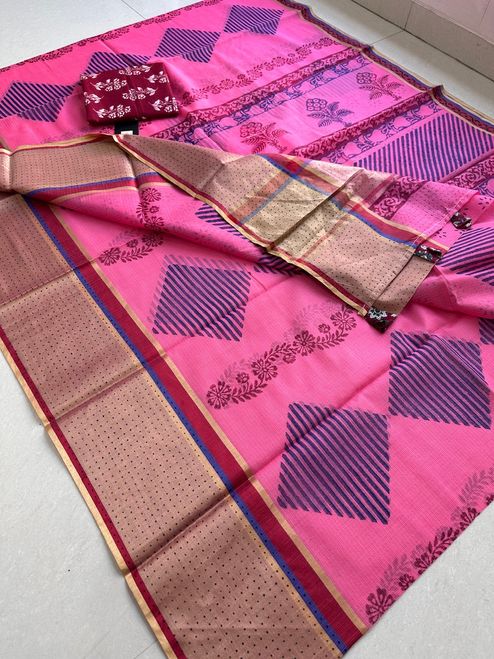 Pure HandBlock Printed Kota Cotton Doria Saree