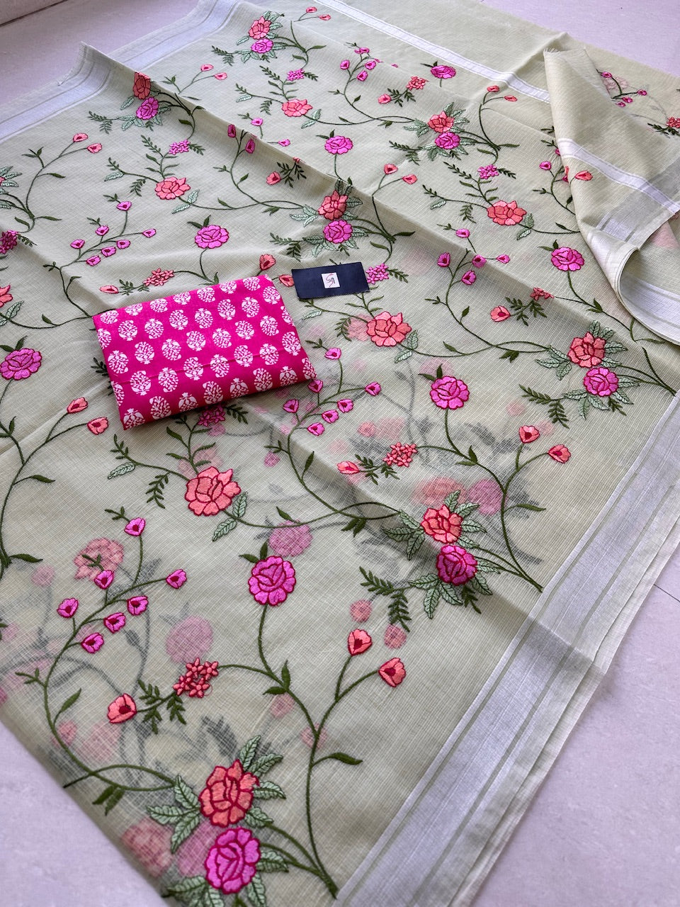 Embroidered Kota Cotton Doria Saree