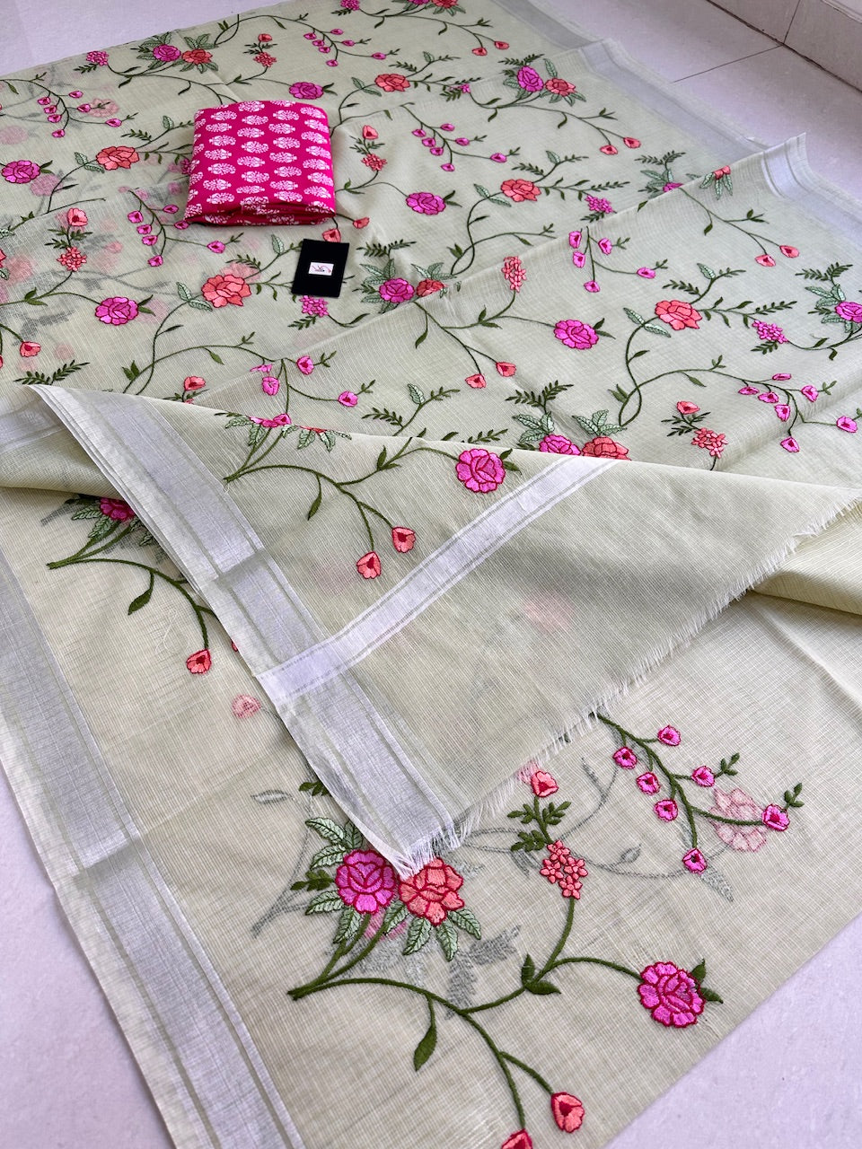 Embroidered Kota Cotton Doria Saree