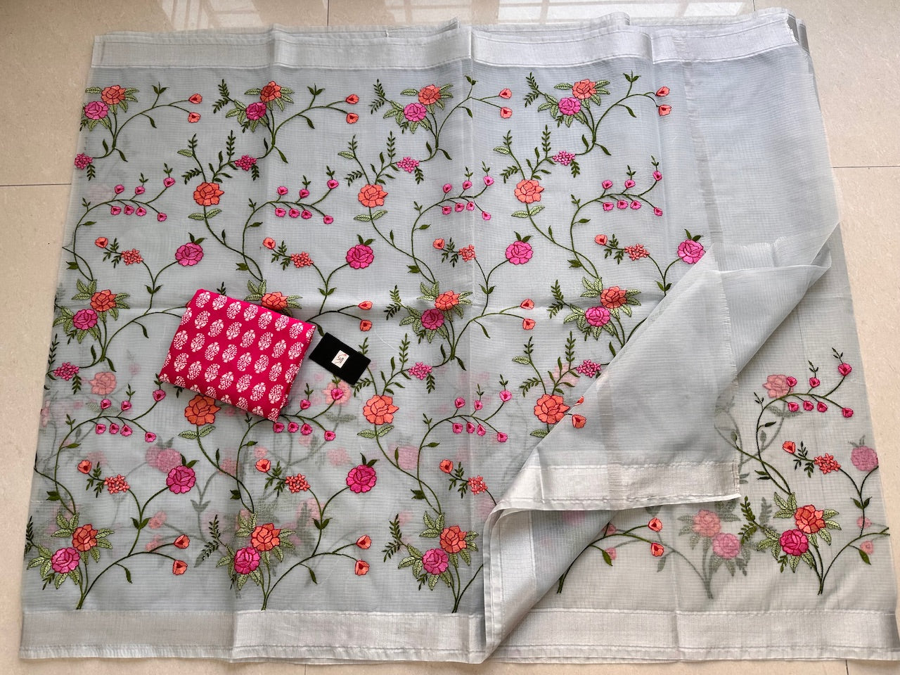 Embroidered Kota Cotton Doria Saree