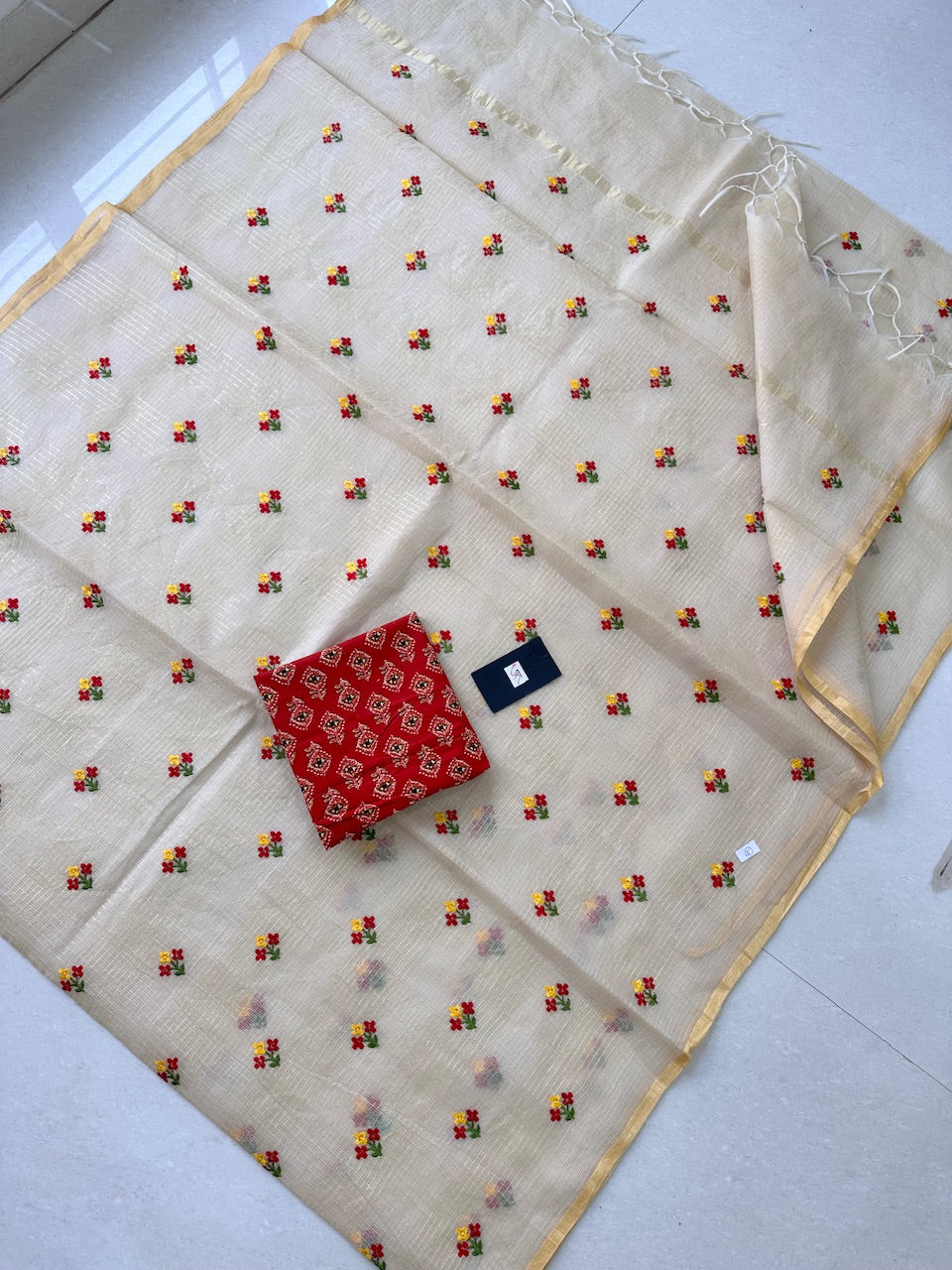 Embroidered Kota Cotton Doria Saree