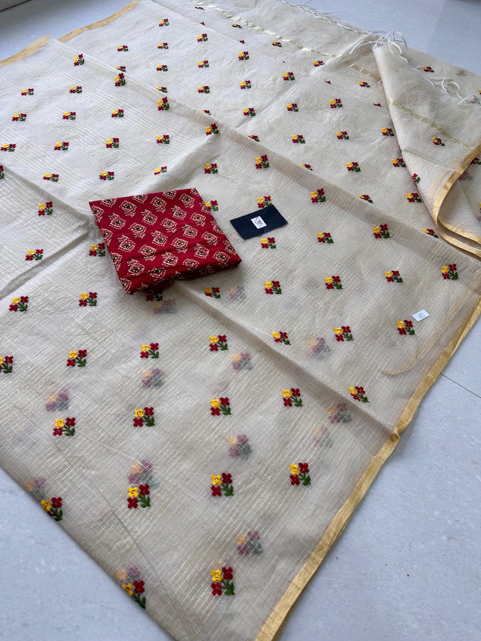 Embroidered Kota Cotton Doria Saree