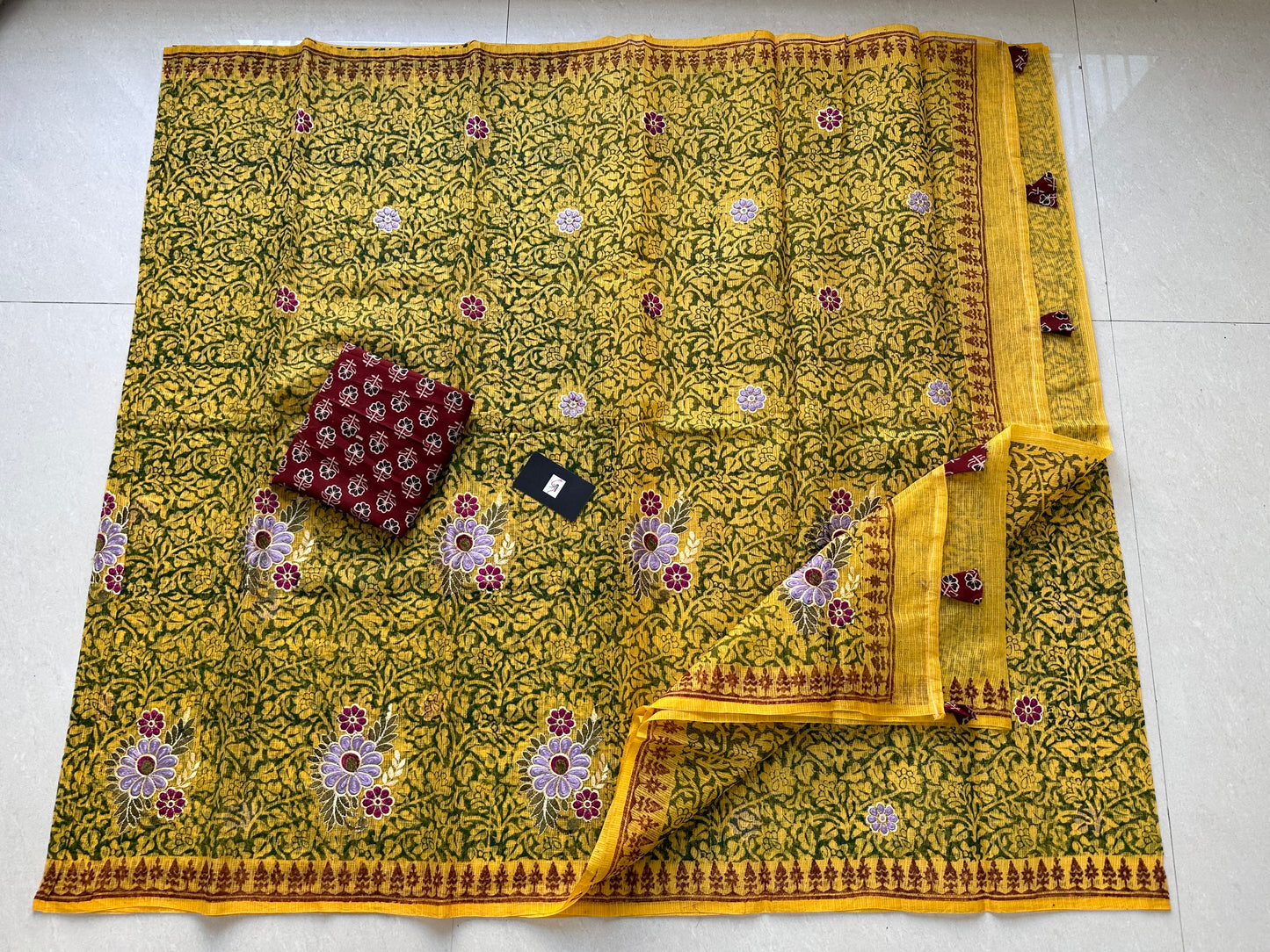 Embroidered HandBlock Printed Kota Cotton Doria Saree