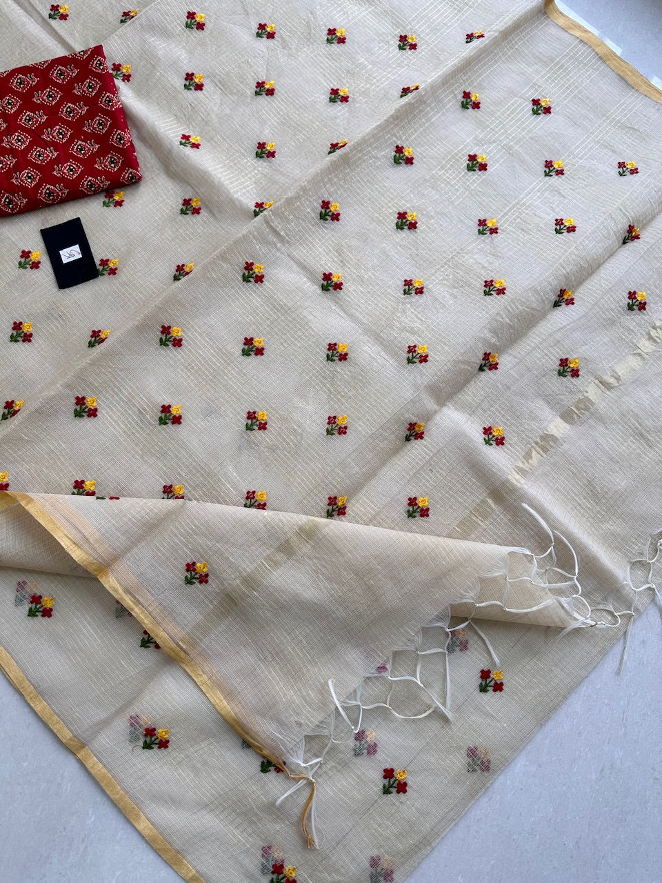 Embroidered Kota Cotton Doria Saree