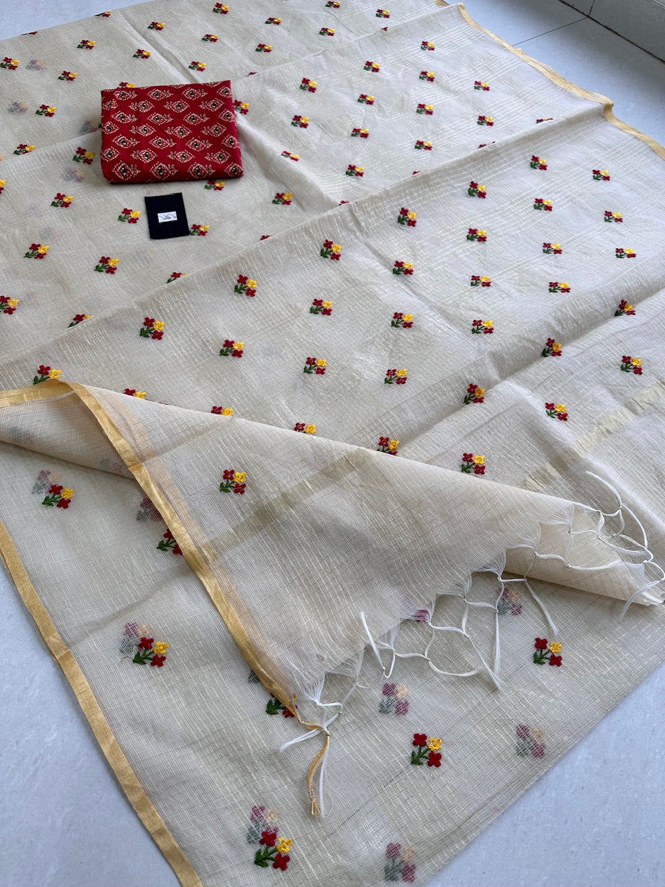 Embroidered Kota Cotton Doria Saree