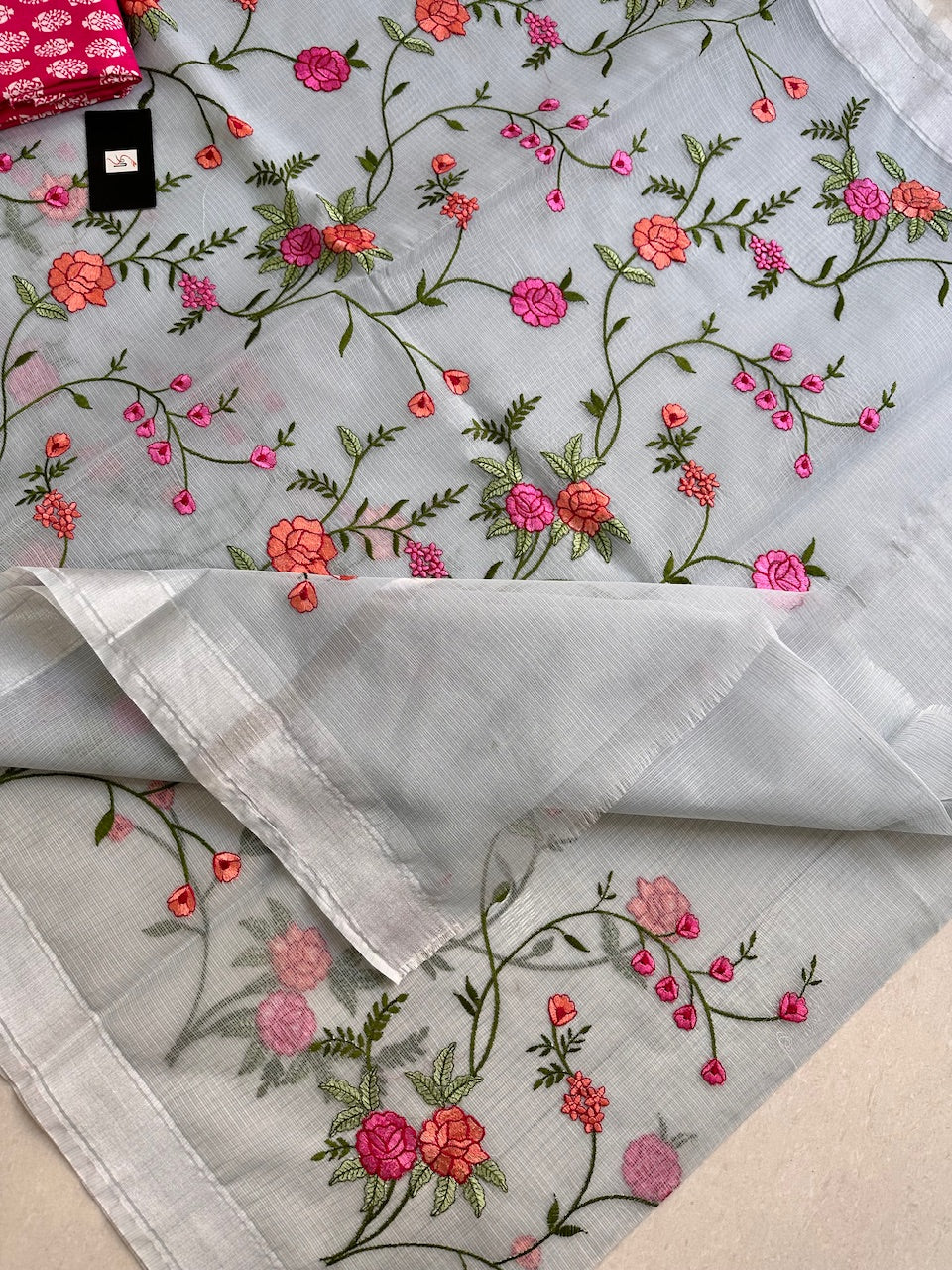 Embroidered Kota Cotton Doria Saree