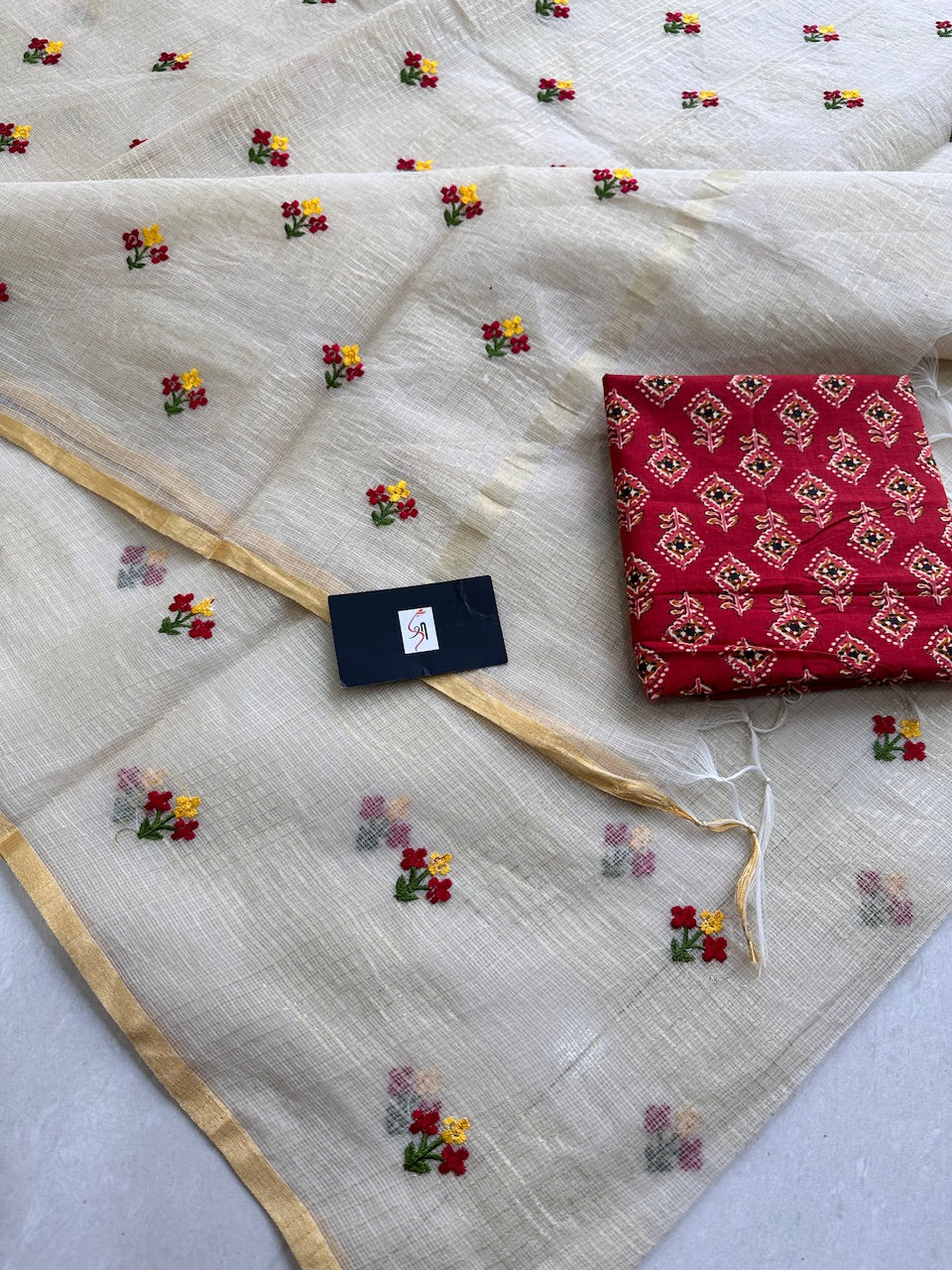 Embroidered Kota Cotton Doria Saree