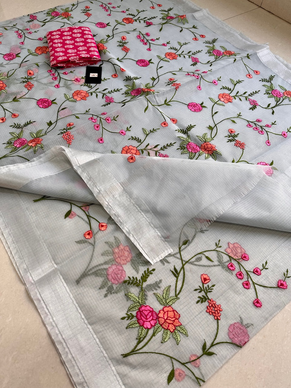 Embroidered Kota Cotton Doria Saree