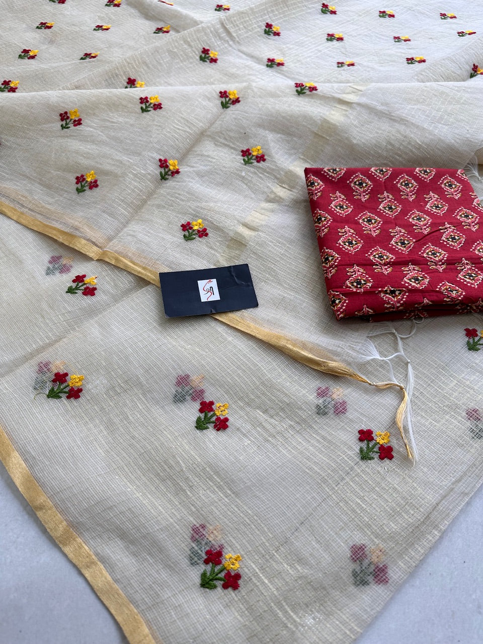 Embroidered Kota Cotton Doria Saree