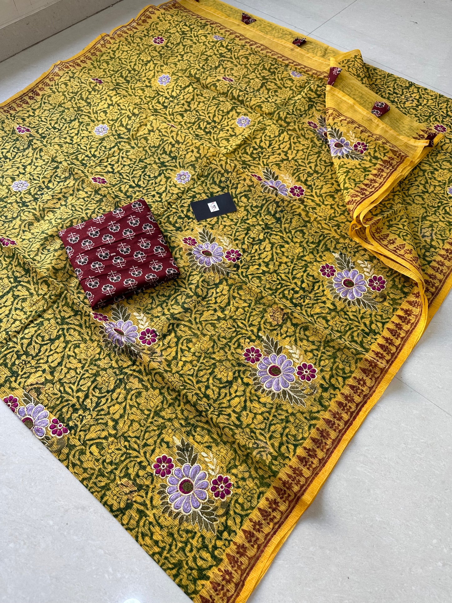 Embroidered HandBlock Printed Kota Cotton Doria Saree