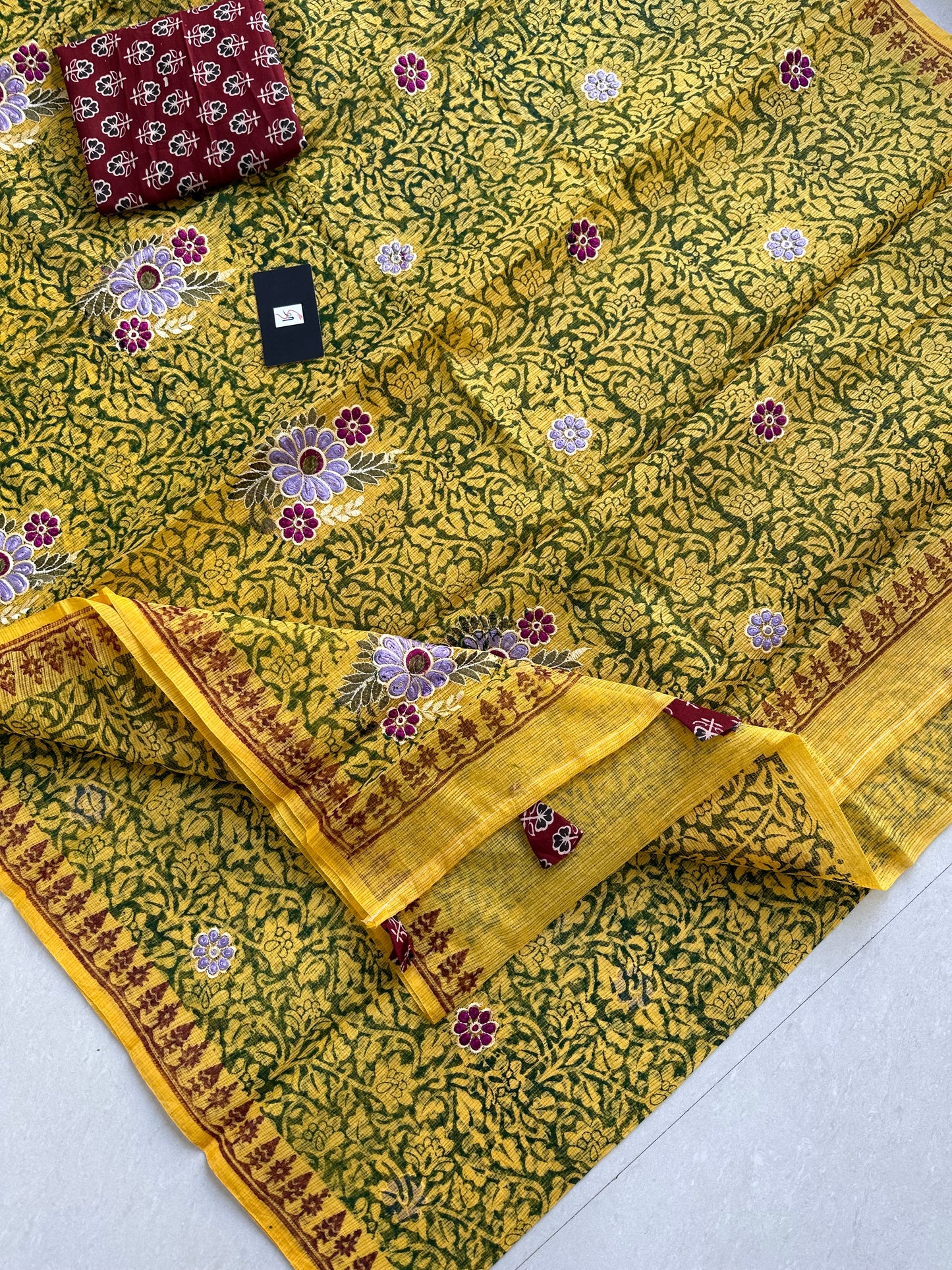 Embroidered HandBlock Printed Kota Cotton Doria Saree