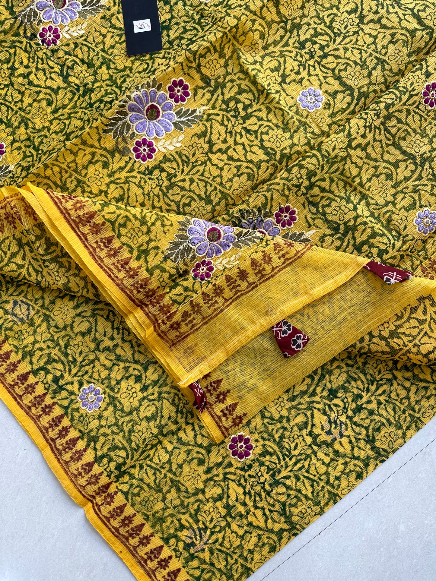 Embroidered HandBlock Printed Kota Cotton Doria Saree