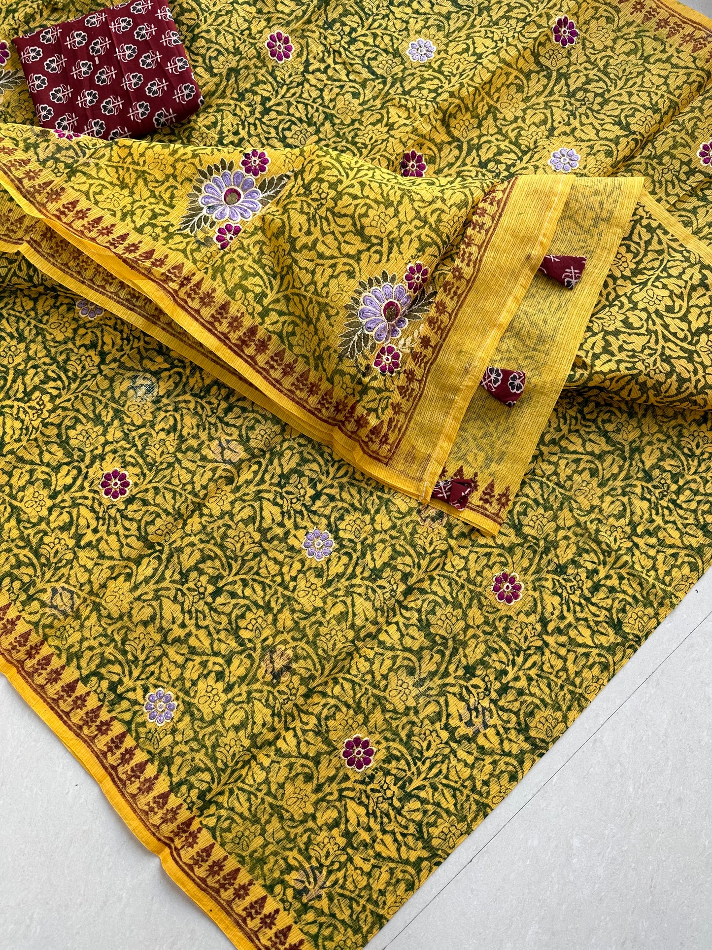 Embroidered HandBlock Printed Kota Cotton Doria Saree